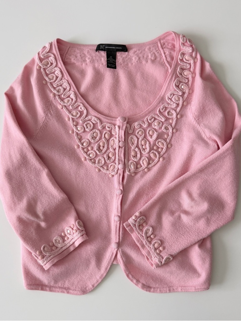 INC International Concepts Pink Beaded Embellished Cardigan Sz M Girly Coquette